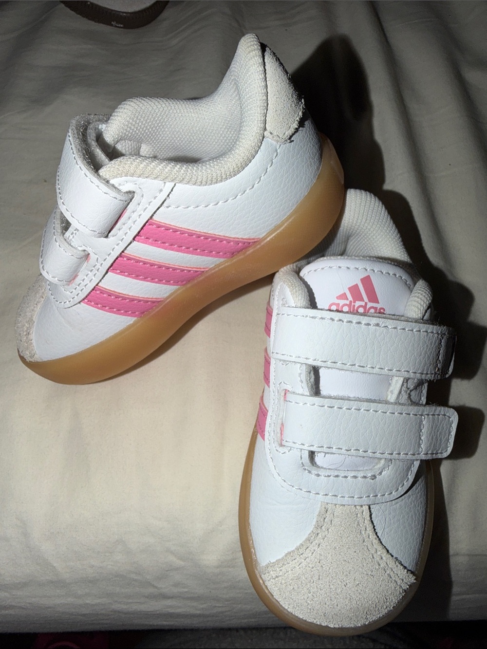 adidas White & Pink Kids Velcro Sneakers with Gum Sole